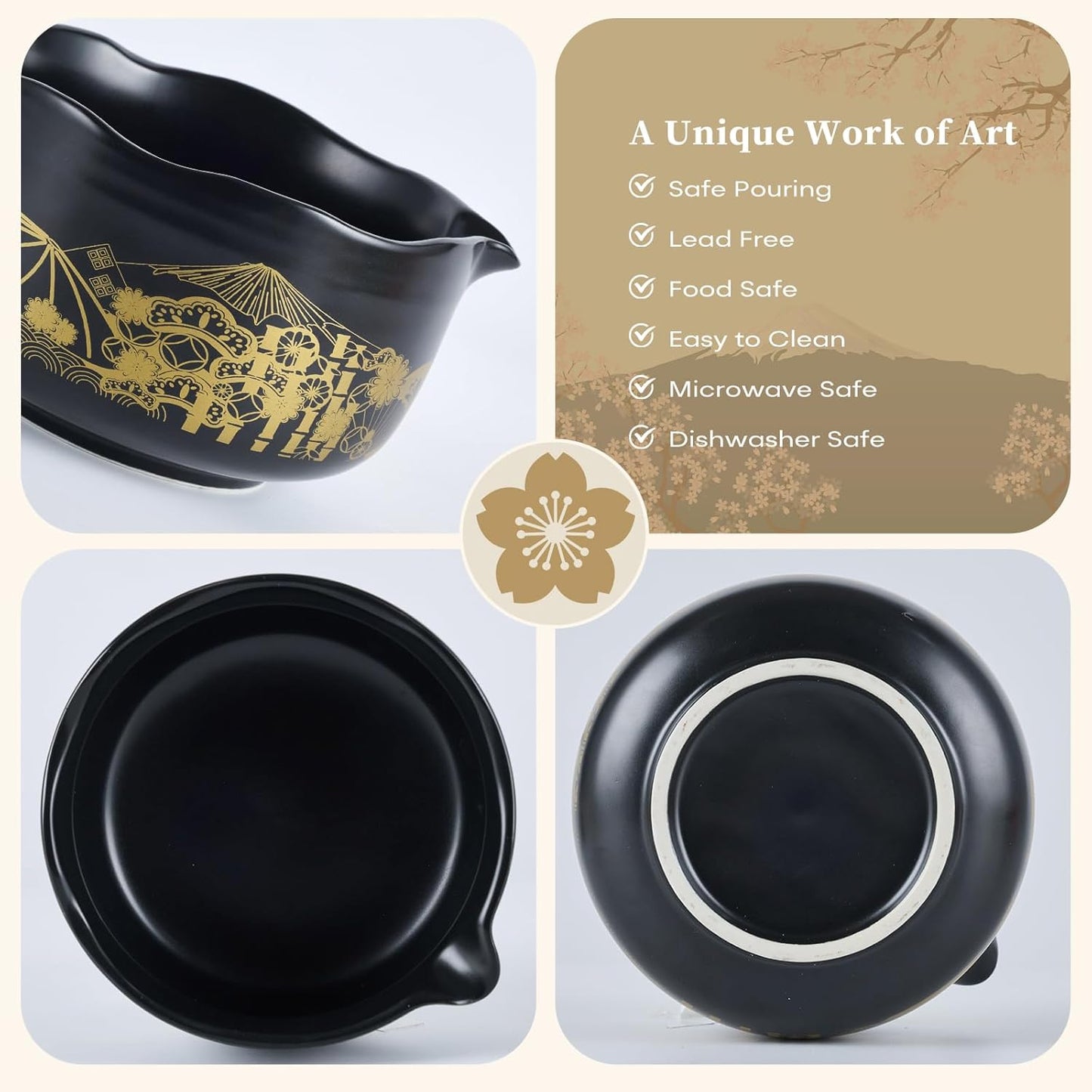 Matcha Whisk Set, 5 Pcs Traditional Japanese Matcha Whisk Preparation Kit, White Glossy Ceramic Bowl with Black Cat and Strawberry Pattern