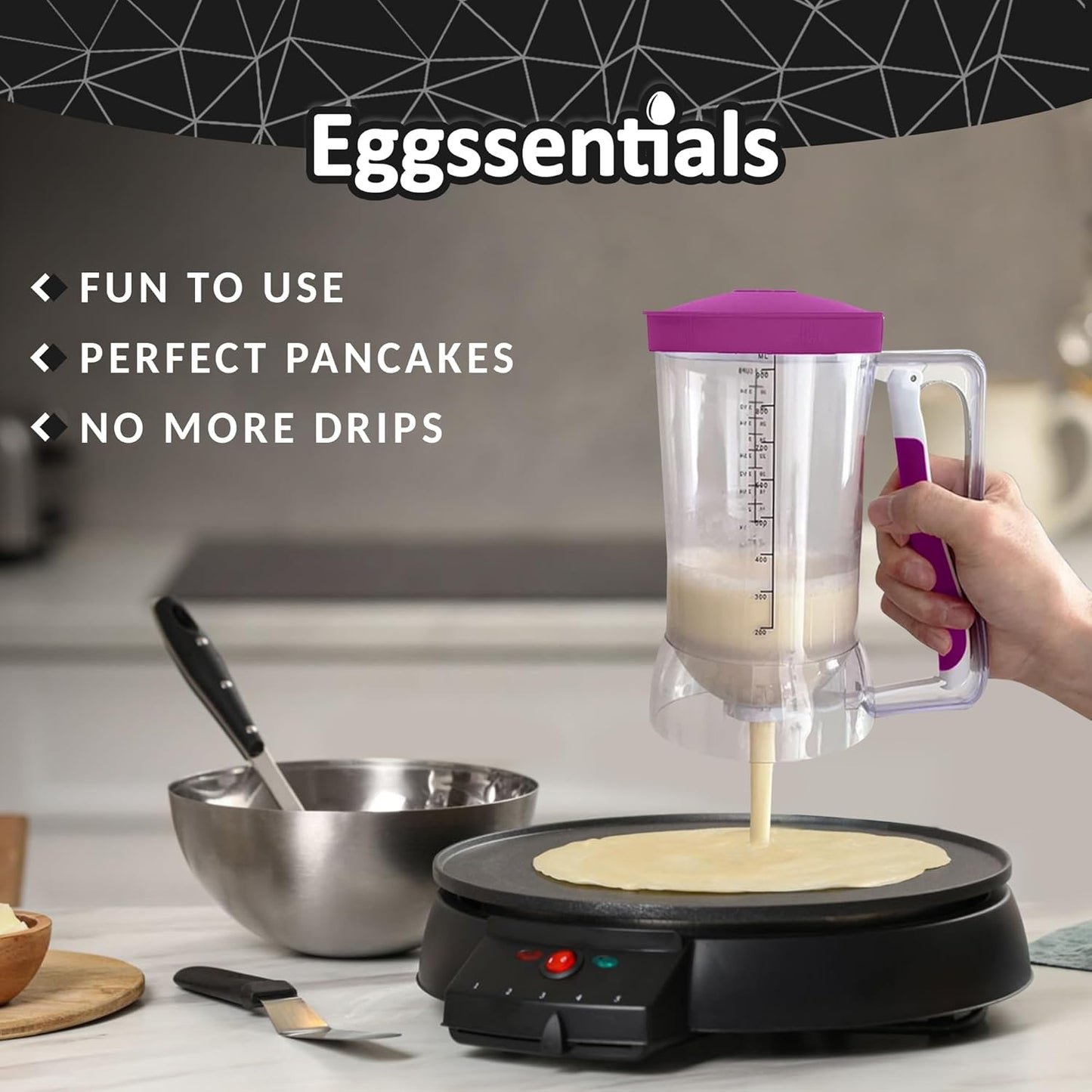 Eggssentials – Pancake Batter Dispenser, Batter dispenser with Squeeze Handle Mess-Free, Cupcakes, Waffles & More – Durable, Easy-Pour Pancake Dispenser Bottle for Smooth Baking