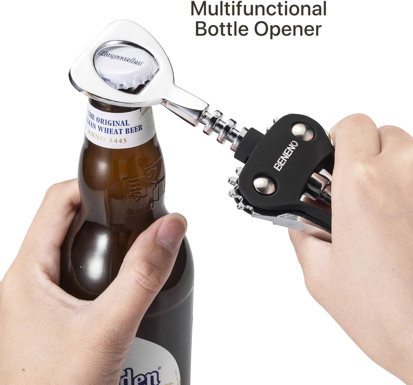 Beneno Wine Opener, Zinc Alloy Premium Wing Corkscrew with Multifunctional Bottles Opener, Sharp Wine Corkscrew with Ergonomic Non-Slip Wing Handle, Silver