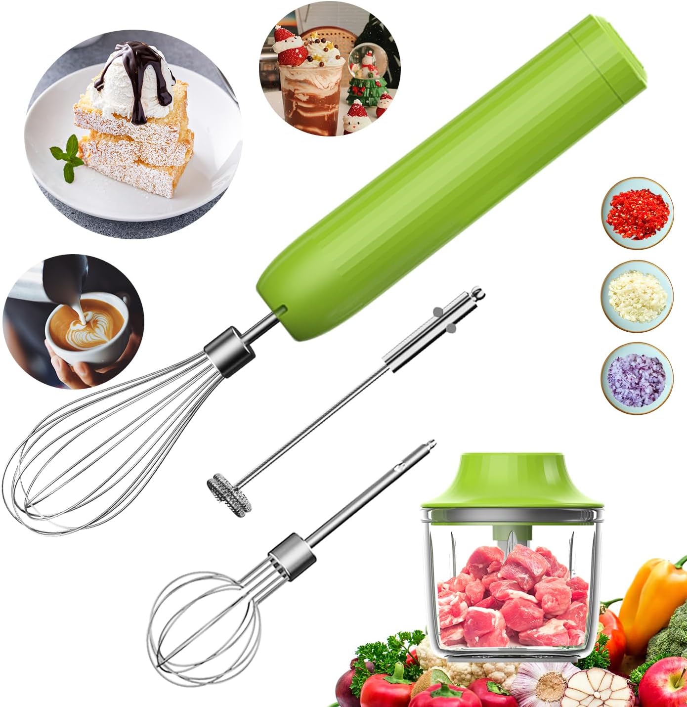 Cordless Hand Mixer MixgoII, Handheld Mixer Electric Whisk & Milk Frother, Hand Held Mini Mixers, Rechargeable Hand Mixer and Whisker, Food Processor for Cooking, Food Chopper, 4-Speed, 10Oz