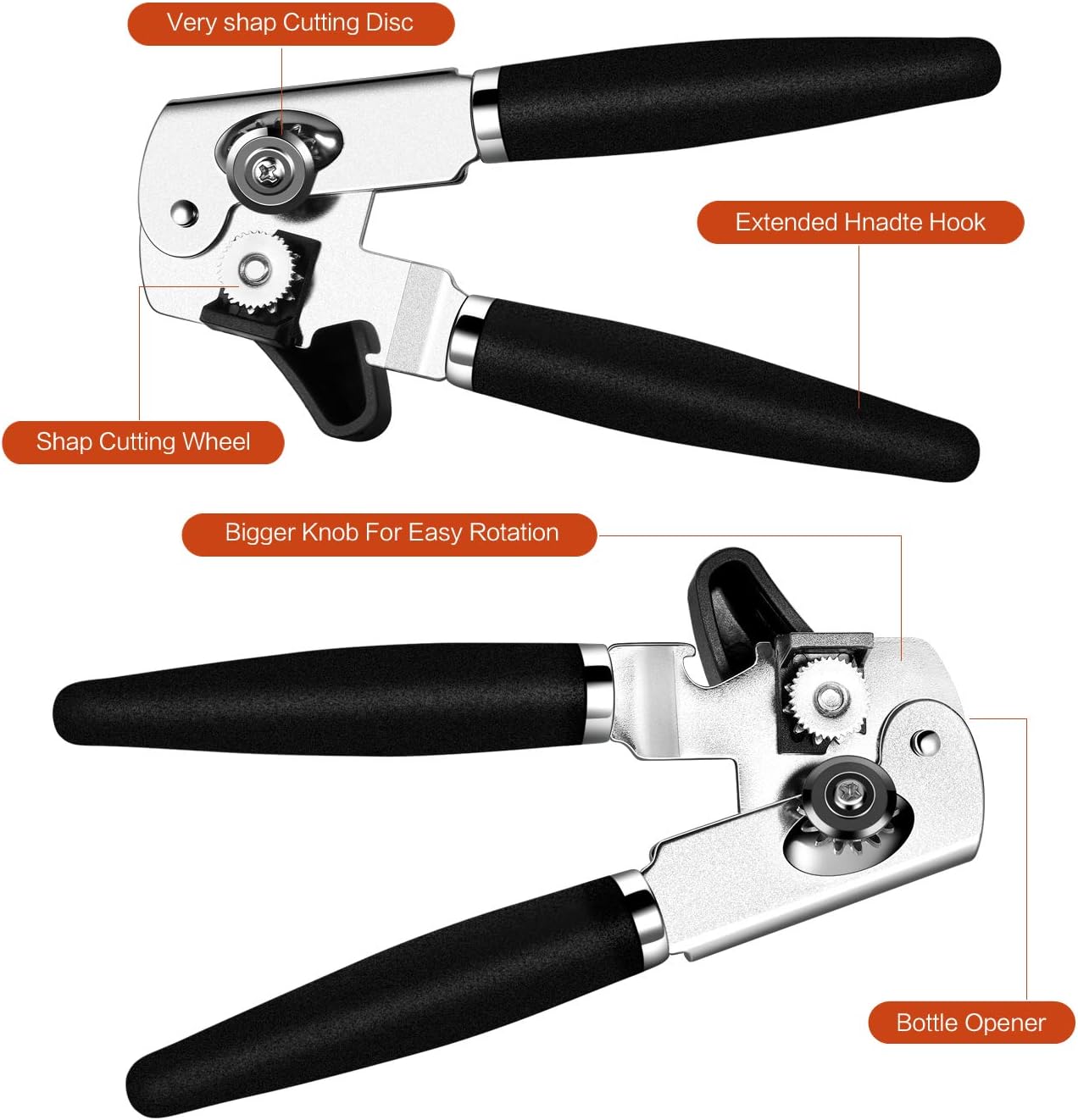 Can Opener Stainless Steel Manual Can Opener Easy Turn Knob Sharp Cutting Wheel Good Grips with Built-in Bottle Opener