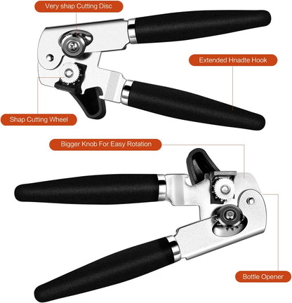 Can Opener Stainless Steel Manual Can Opener Easy Turn Knob Sharp Cutting Wheel Good Grips with Built-in Bottle Opener