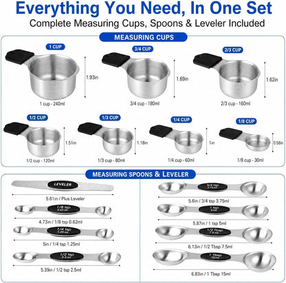 Magnetic Measuring Cups & Spoons Set, Strong N45 Magnets, Heavy Duty Stainless Steel Fits in Spice Jars for Baking & Cooking, BPA Free, Round Set of 15 with Leveler,Dark Black