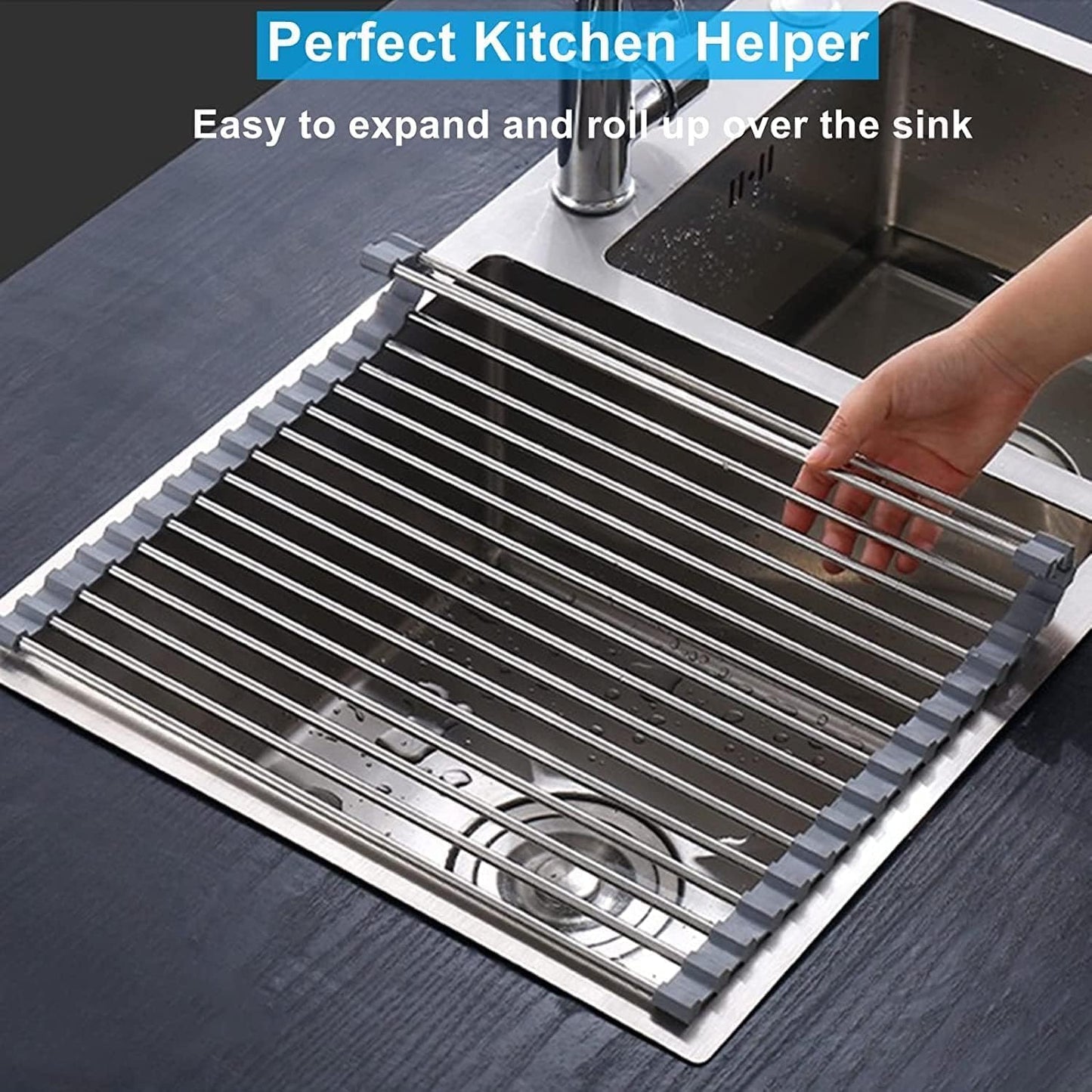 Seropy Roll Up Dish Drying Rack Over The Sink for Kitchen Sink Drying Rack Folding Dish Drainer Mat Rolling Dish Rack Sink Rack Stainless Steel Kitchen Dry Rack Black 17.5x15.7 Inch