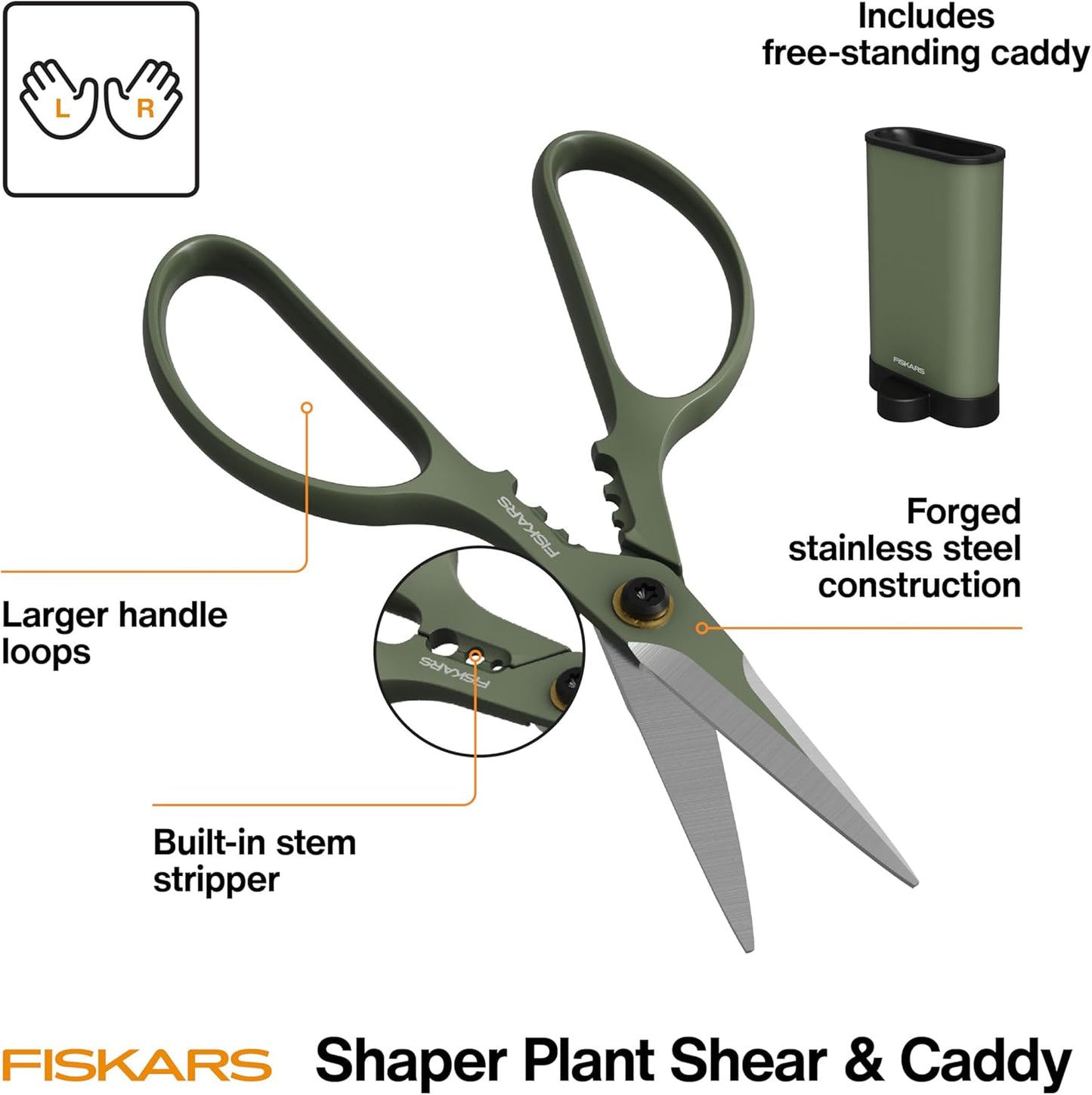 Fiskars Plant Shaping Shears & Holder, Precision Indoor Gardening Snips with Storage Caddy, Forged Stainless Steel Blades for Clean Cuts on Broad Leaves, Ambidextrous Handles & Stem Stripper, 6"