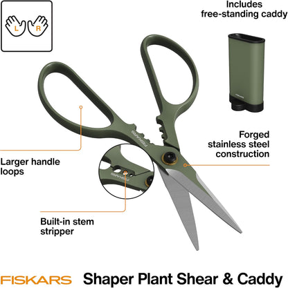Fiskars Plant Shaping Shears & Holder, Precision Indoor Gardening Snips with Storage Caddy, Forged Stainless Steel Blades for Clean Cuts on Broad Leaves, Ambidextrous Handles & Stem Stripper, 6"