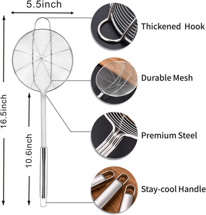 Yimi 16.5 Inch Spider Strainer | Stainless Steel Kitchen Cooking Skimmer with Double Hook Long Handle | Spiral Wire Spoon Ladle with Reinforced Double Coil for Cooking and Frying, Ideal for Gift