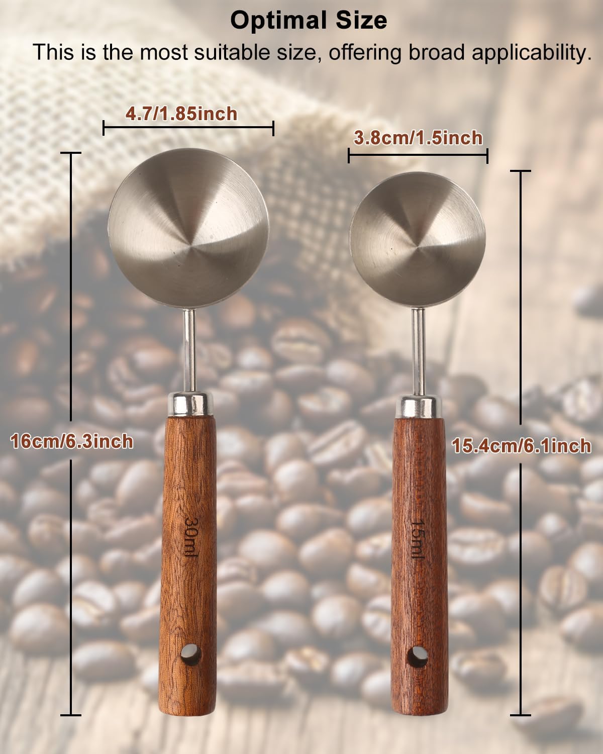 Coffee Scoop Set, 2 PCS 304 Stainless Steel Wood Handle Coffee Measuring Spoons, 15ml & 30ml for Ground Espresso Beans, Long Wooden Handle Scoop Kitchen Utensil for Scooping