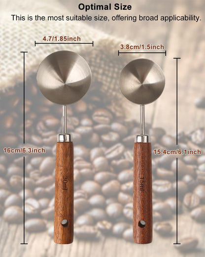 Coffee Scoop Set, 2 PCS 304 Stainless Steel Wood Handle Coffee Measuring Spoons, 15ml & 30ml for Ground Espresso Beans, Long Wooden Handle Scoop Kitchen Utensil for Scooping