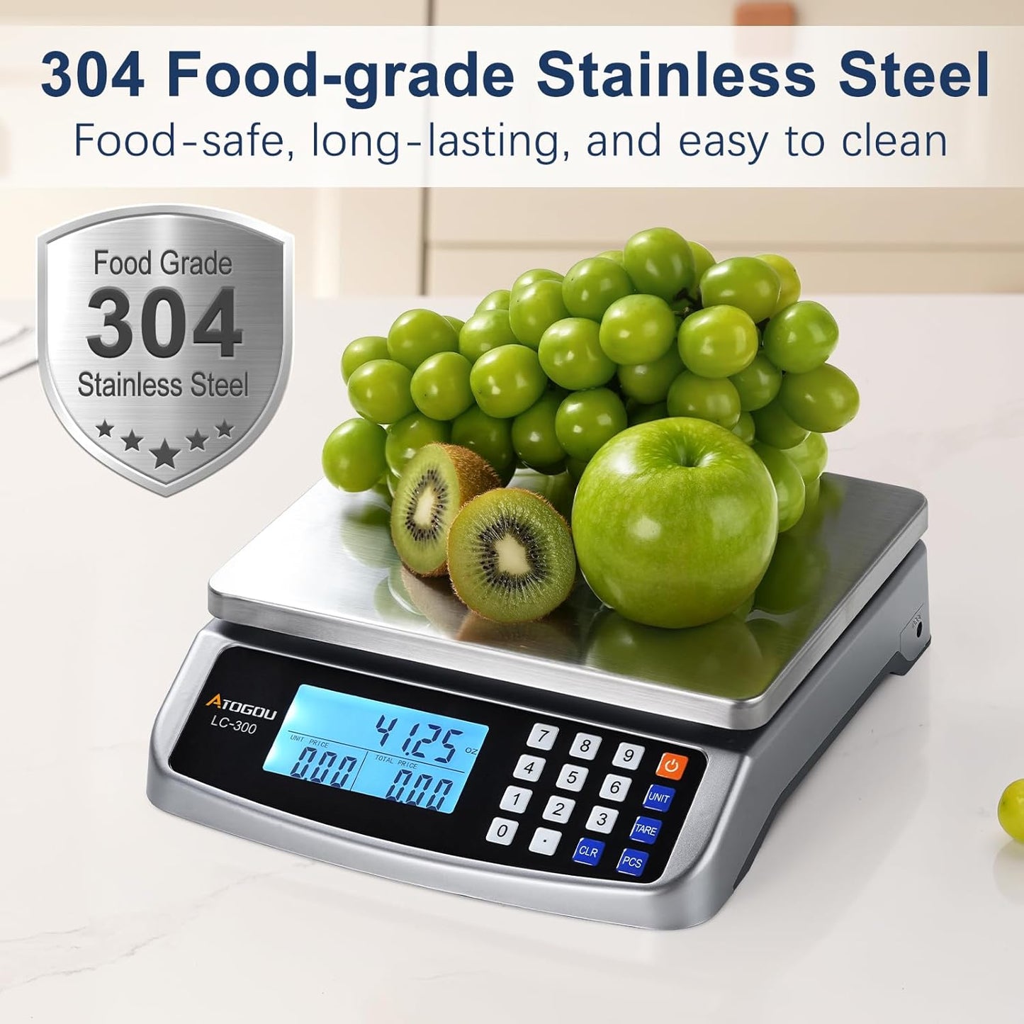 Atogou 110lb Food Scale, Commercial Kitchen Scale with Price Computing, Plug-in Usable, 0.05oz/1g, 304 Stainless Steel, for Cooking, Vegetables, Farm, Industry, Counting. LC300 Silver