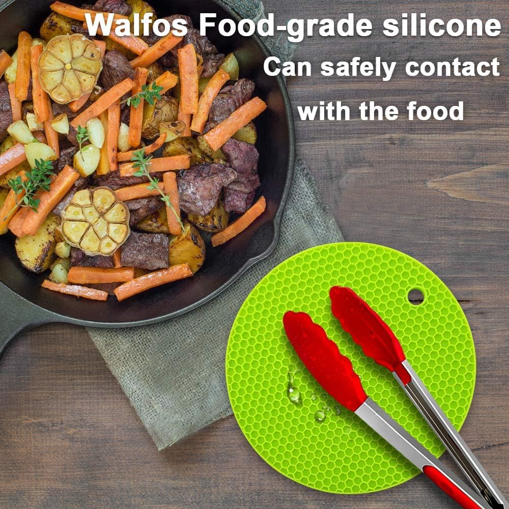 Walfos Silicone Trivet Mats - 4 Heat Resistant Pot Holders, Multipurpose Non-Slip Hot Pads for Kitchen Potholders, Hot Dishers, Jar Opener, Spoon Holder, Food Grade Silicone & BPA Free (Black)