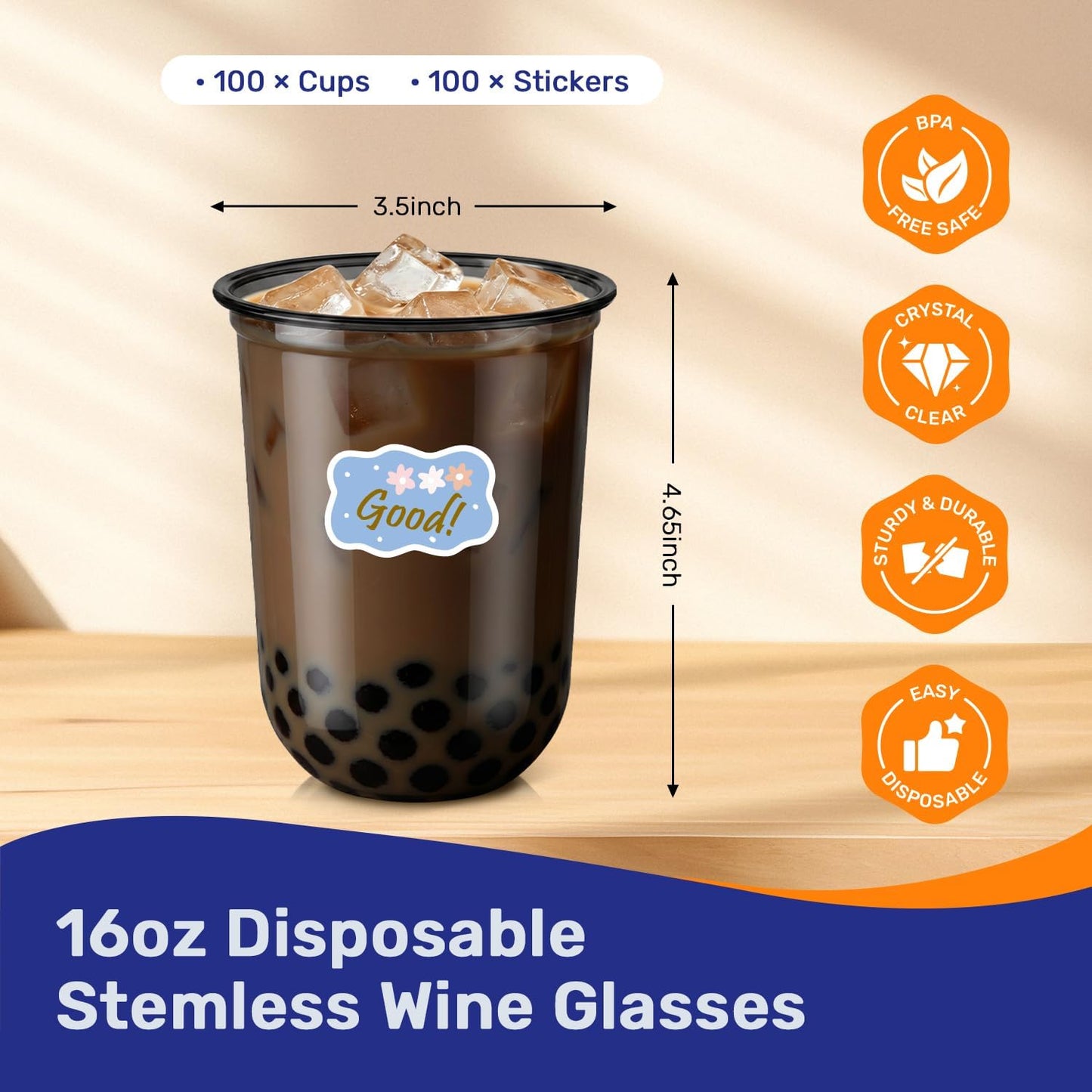 50 Pack 16oz Round Bottom Plastic Cups with Stickers, Clear Disposable Cocktail Cups for Party, Disposable Wine Glasses for Wedding, Birthday, Gathering, Drinks, Cold Beverage