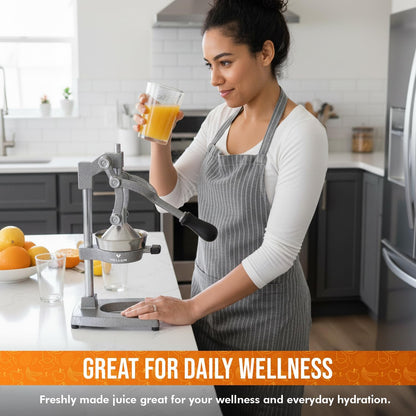 Vollum Hand Press Manual Citrus Juicer - citrus squeezer Commercial Grade Home Orange juice Squeezer for Oranges, Lemons, Limes - Stainless Steel and Cast Iron Non-skid Suction Cup Base- 15 Inch, Gray