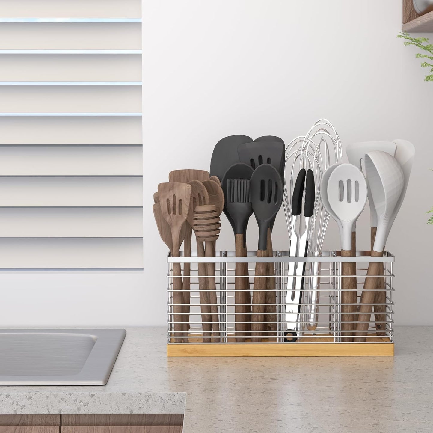 Suli Extra Large Kitchen Utensil Holder Countertop with 4 Compartments,Matte Black Metal holder with Wooden Base for Countertop,Farmhouse Utensil Organizer for counter,Rustic Cooking Utensil Organizer