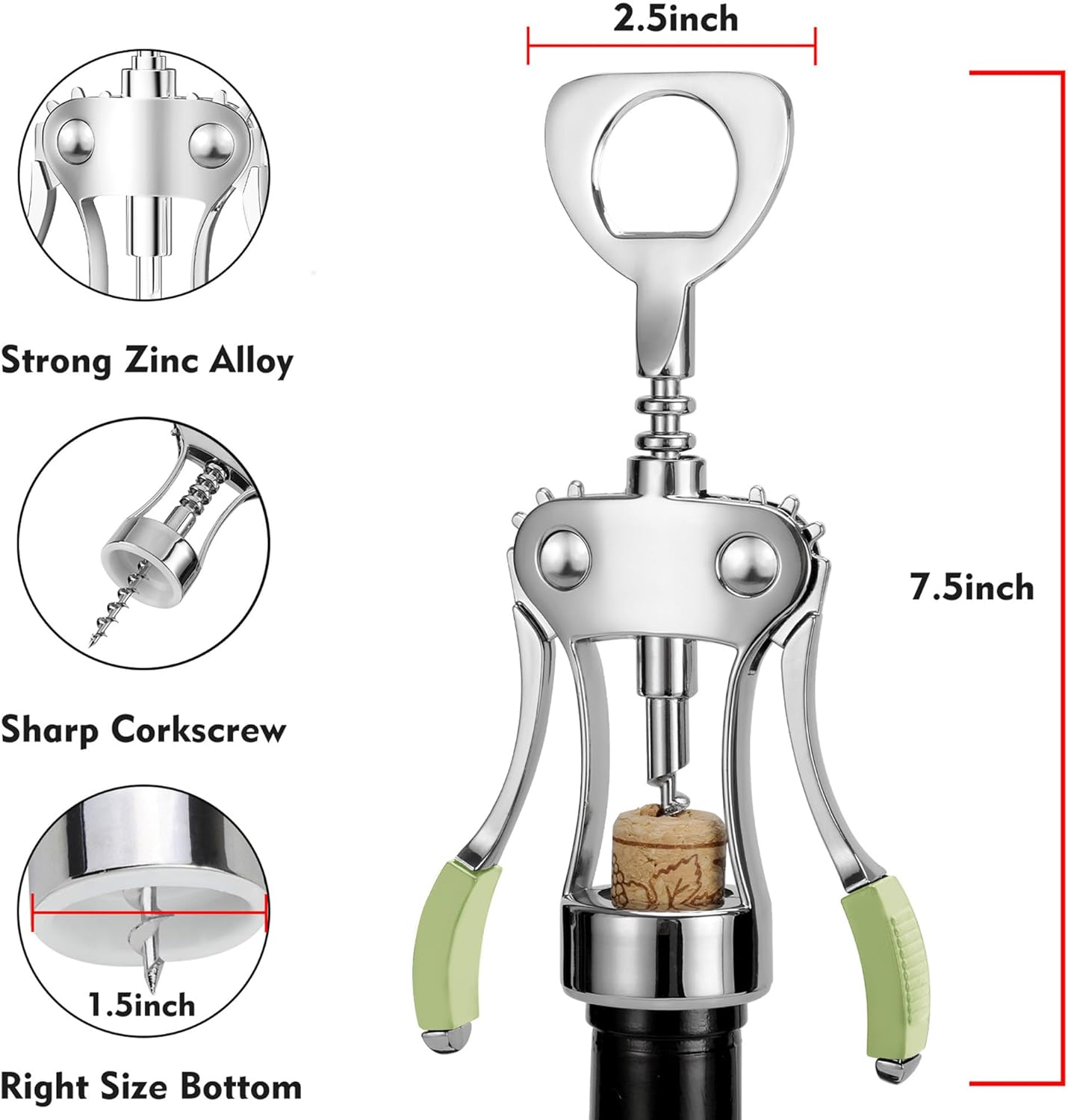 KORCCI Wine Opener, Heavy-Duty Zinc Alloy Wing Corkscrew, Premium Beer Bottle Opener, Multifunctional Wine Accessories with Ergonomic Handle and Sharp Screw, for Kitchen, Bar, Restaurant (SILVER)