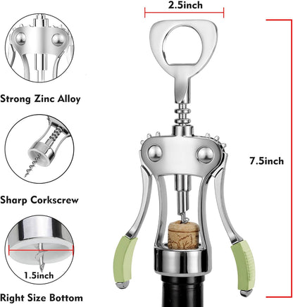 KORCCI Wine Opener, Heavy-Duty Zinc Alloy Wing Corkscrew, Premium Beer Bottle Opener, Multifunctional Wine Accessories with Ergonomic Handle and Sharp Screw, for Kitchen, Bar, Restaurant (SILVER)