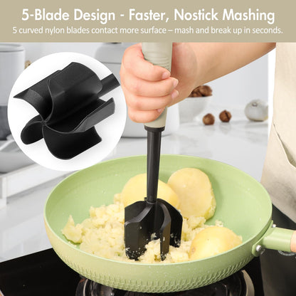 Ourokhome Meat Chopper and Potato Masher, Heat Resistant Nylon Ground Beef Smasher for Hamburger, 5 Curved Blades Nonstick Mixer & Stirrer, Practical Kitchen Gadgets, Black