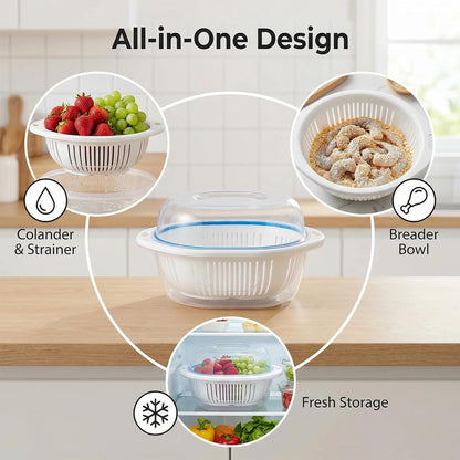 Batter Bowl, Breading Bowl with Lid Flour Shaker for Seasoning Fried Chicken, Fish, Shrimp, Just Flip (Blue)