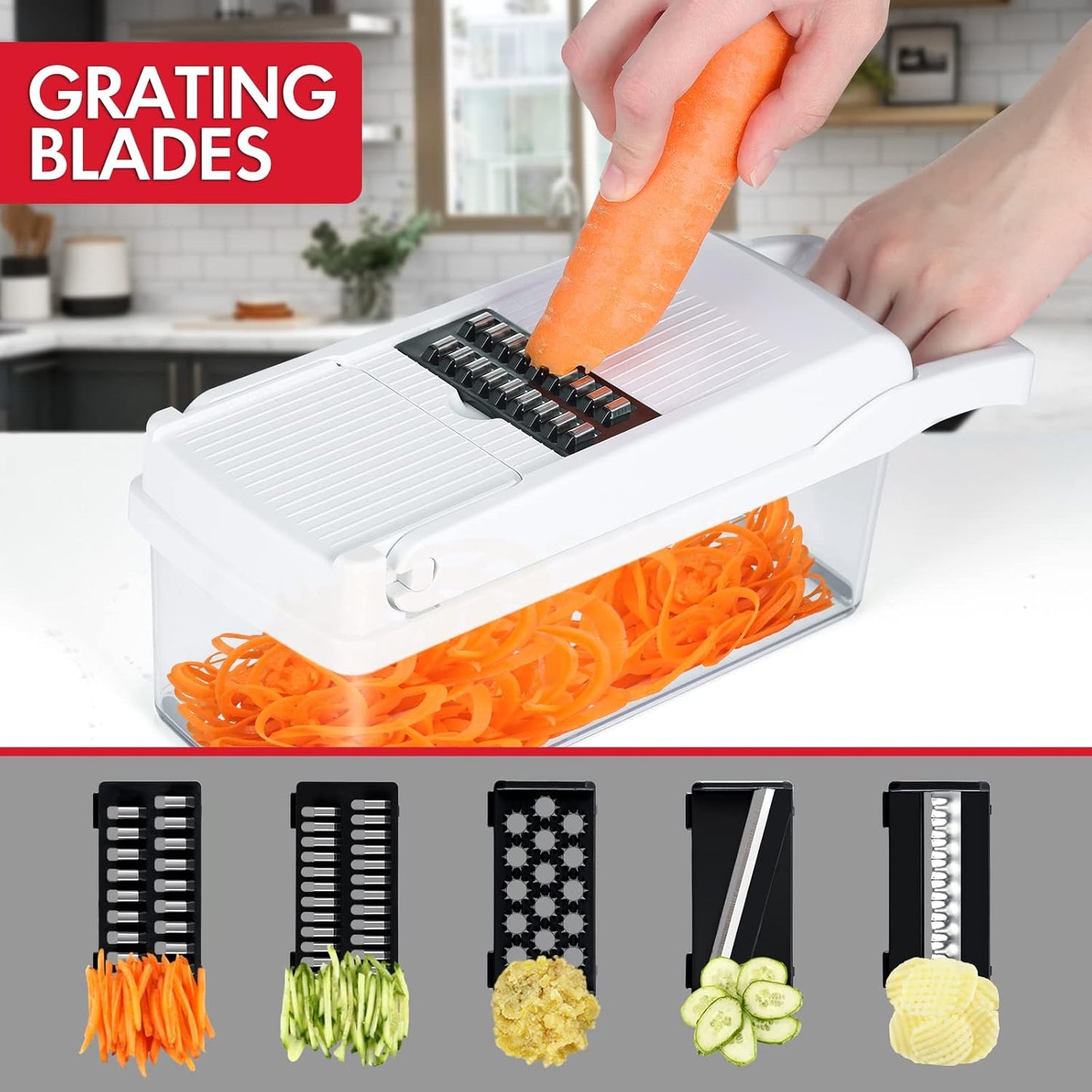 Ourokhome Vegetable Chopper Onion Cutter, 14 in 1 Professional Mandolin Slicer for Kitchen, Multifunctional Food Chopper for Potato, Tomato, Veggie with Strainer Basket, 10 Blades, Gray