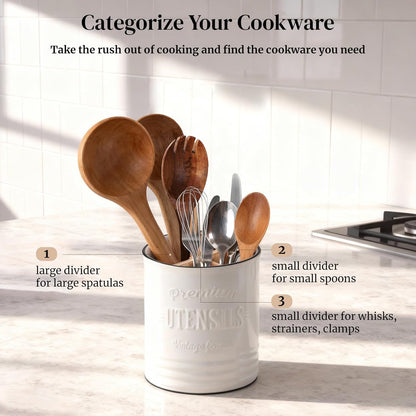DOWAN 7.2″ Extra Large Kitchen Utensil Holder, Farmhouse Utensil Holder for Countertop, Ceramic Utensil Crock with Protection Cork Mat, Utensil Organizer for Kitchen Decor & Housewarming Gift, White