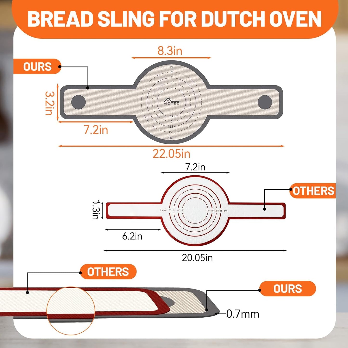 HOTEC Silicone Bread Sling for Dutch Oven - 2 Pack Non-Stick Baking Mat with Long Handle Easy to Transfer Sourdough Bread, Reusable Heat Resistant to 500°F/260°C Dutch Oven Liners Baking Supplies