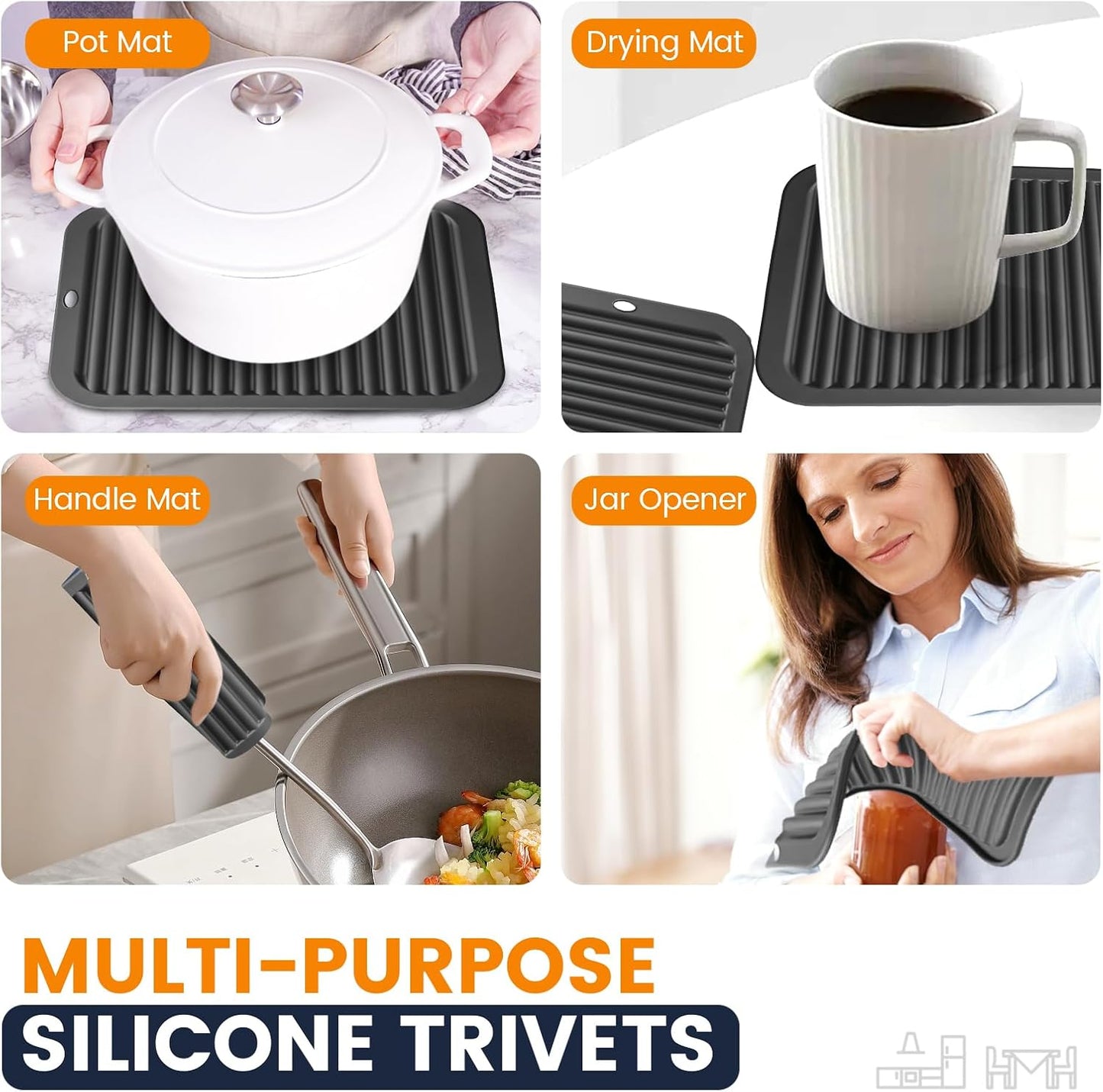 Silicone Trivet Mats 4 Heat Resistant Pot Holders Multipurpose Non-Slip Hot Pads for Kitchen Potholders, Drying mat, Jar Opener, Spoon Holder, Coaster.(Dark Grey)