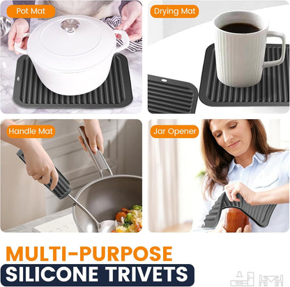 Silicone Trivet Mats 4 Heat Resistant Pot Holders Multipurpose Non-Slip Hot Pads for Kitchen Potholders, Drying mat, Jar Opener, Spoon Holder, Coaster.(Dark Grey)