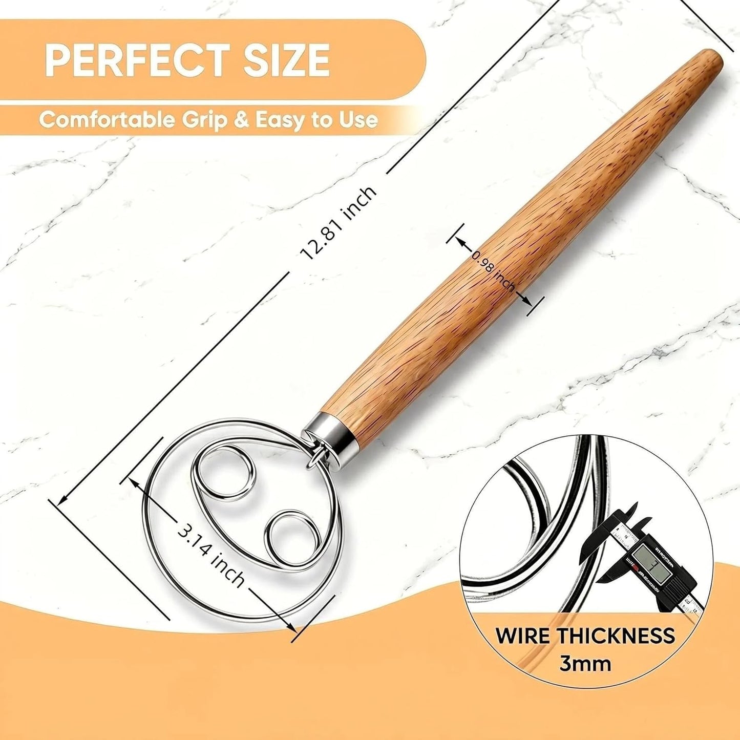 Maxjoy Danish Dough Whisk Wooden Dutch Bread Mixer with Stainless Steel Hook for Sourdough Baking Hand Tool
