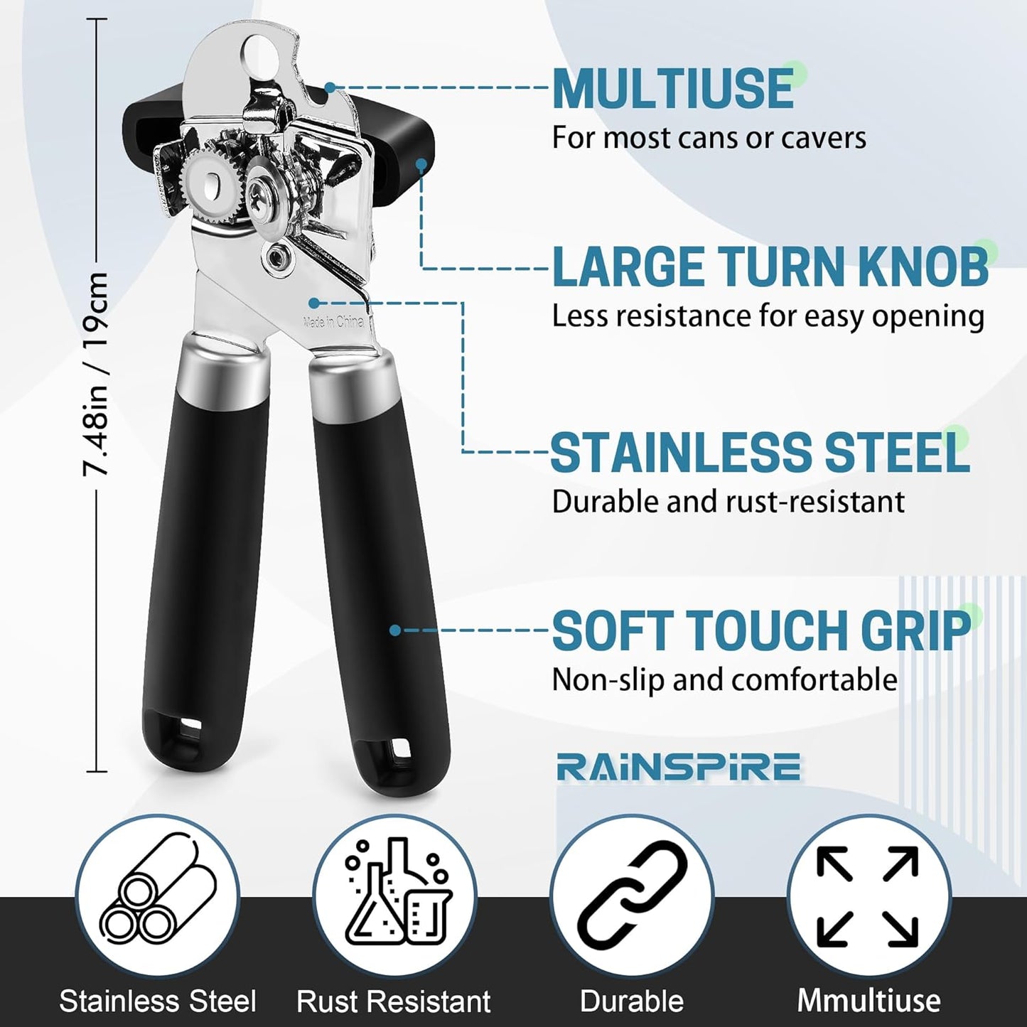 Rainspire Upgraded Can Opener Manual with Bottle Opener Smooth Edge Cut, Can Opener Heavy Duty, Comfortable Soft Handle, Built-in Bottle Opener, Black