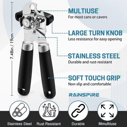 Rainspire Upgraded Can Opener Manual with Bottle Opener Smooth Edge Cut, Can Opener Heavy Duty, Comfortable Soft Handle, Built-in Bottle Opener, Black