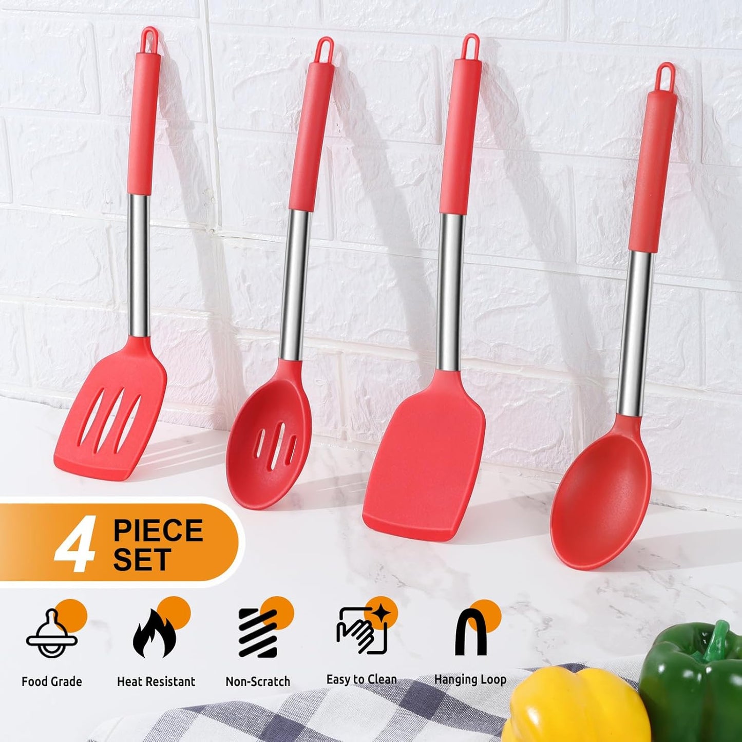 E-far Cooking Utensils Set of 4, Silicone Kitchen Utensils for Non-stick Cookware, Heat Resistant & Non-toxic Slotted Spatula Solid Spoon Turner for Flipping Mixing Serving Basting(Black)