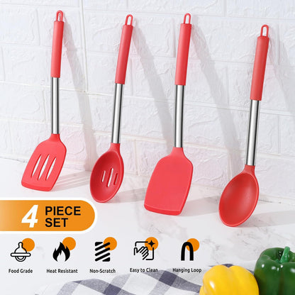 E-far Cooking Utensils Set of 4, Silicone Kitchen Utensils for Non-stick Cookware, Heat Resistant & Non-toxic Slotted Spatula Solid Spoon Turner for Flipping Mixing Serving Basting(Black)