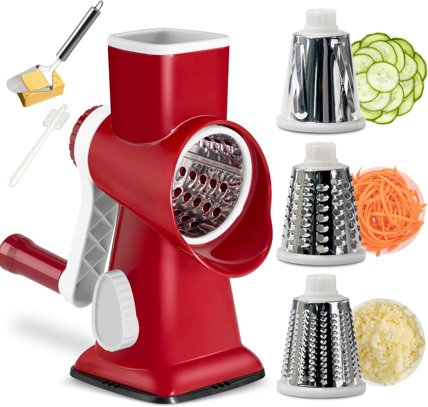 3 in 1 Manual Vegetable Cutter Machine with Stainless Steel Changeable Blades Rotary Cheese Grater Kitchen Tool Potato Slicer Shredder Nuts Chocolate Chopper (Transparent black)