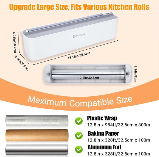 Magnetic Plastic Wrap and Foil Dispenser with Cutter, Upgrade Large Size Fits Max 12.8In x 984Ft Cling Film, Adhesive Wall Mounted Aluminum Foil and Wrap Organizer Holder for Kitchen