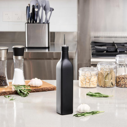 Restaurantware RW Base 16.9 Ounce Olive Oil Dispenser 1 Kitchen Oil Dispenser Bottle - With Stainless Steel Pourer Non-Leaking Black Glass Olive Oil Pourer For Cooking Or Salad Dressings