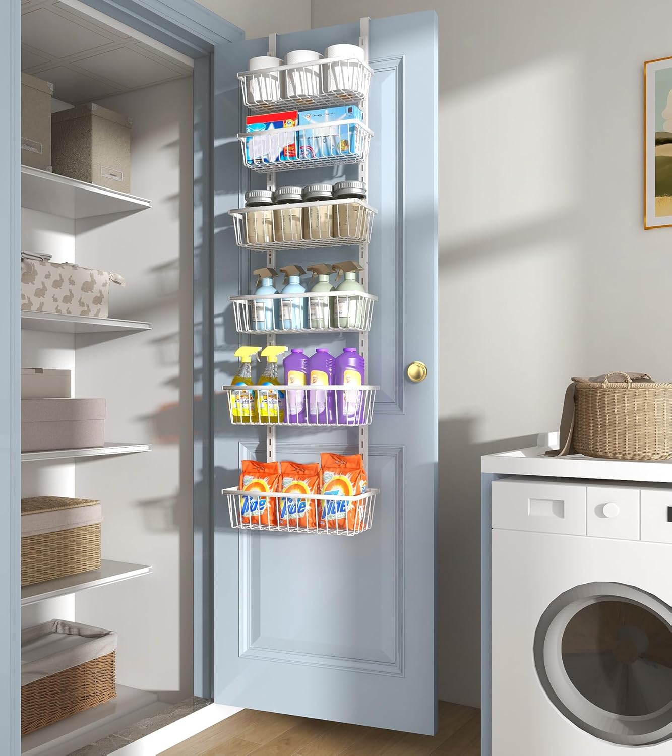 Mefirt White 9-Tier Over The Door Pantry Organizer, Pantry Organization and Storage, Deep Baskets Hanging Heavy-Duty Metal, Wall Spice Rack Seasoning Shelves for Home & Kitchen, Laundry Room Bathroom