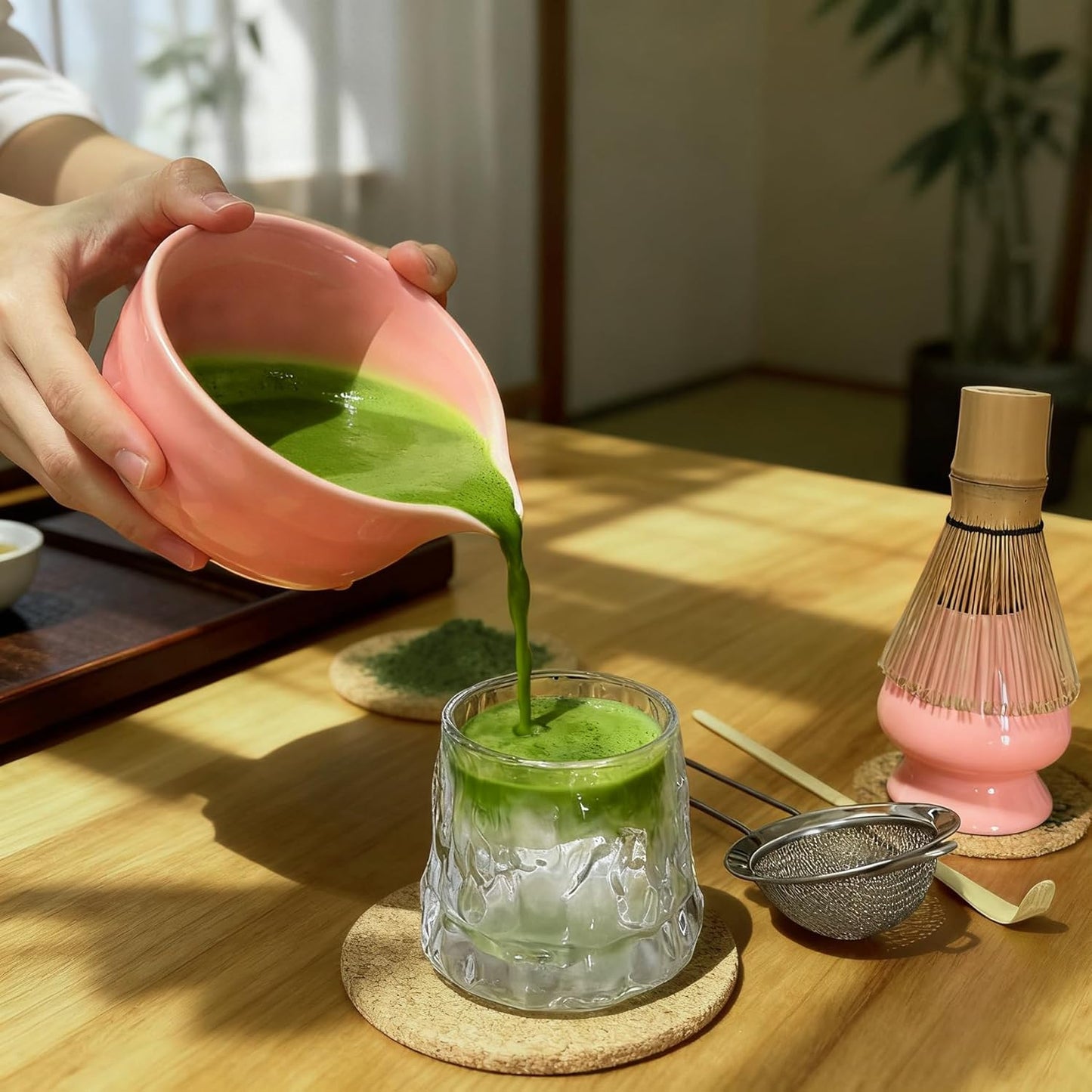Matcha Whisk Set Cute 18 oz Matcha Bowl Kit 5 pcs Great for Tea Lover Pink
