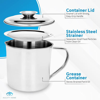 Bacon Fat Container with Oil Strainer - 40 oz Stainless Steel Grease Separator for Kitchen - Oil Separator for Cooking, Storing Fats, Drippings - Grease Keeper for Bacon Fat - 4.5x4.9-Inch