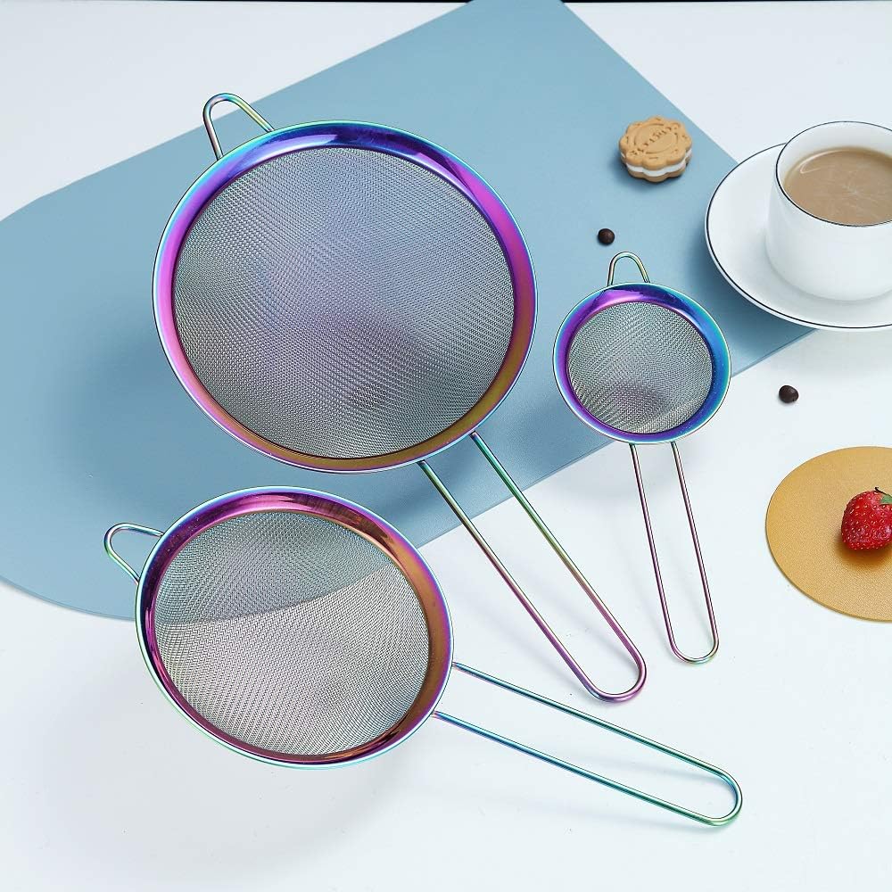 Gold Fine Mesh Strainer 3 Pieces Set, Golden Flour Sifter For Baking, Stainless Steel Clander, Gold Matcha Tea Strainer, Gravy Separator, Stasher Sieve Pasta Strainers