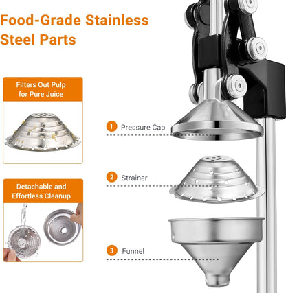 TONGCHANT Manual Juicer, Heavy Duty Cast Iron Juicer | Hand Press Juicer for Orange Lemon Lime Pomegranate & Citrus Fruits, High Leverage for Easy Juicing, Stainless Steel Cup, Easy to Clean, Black