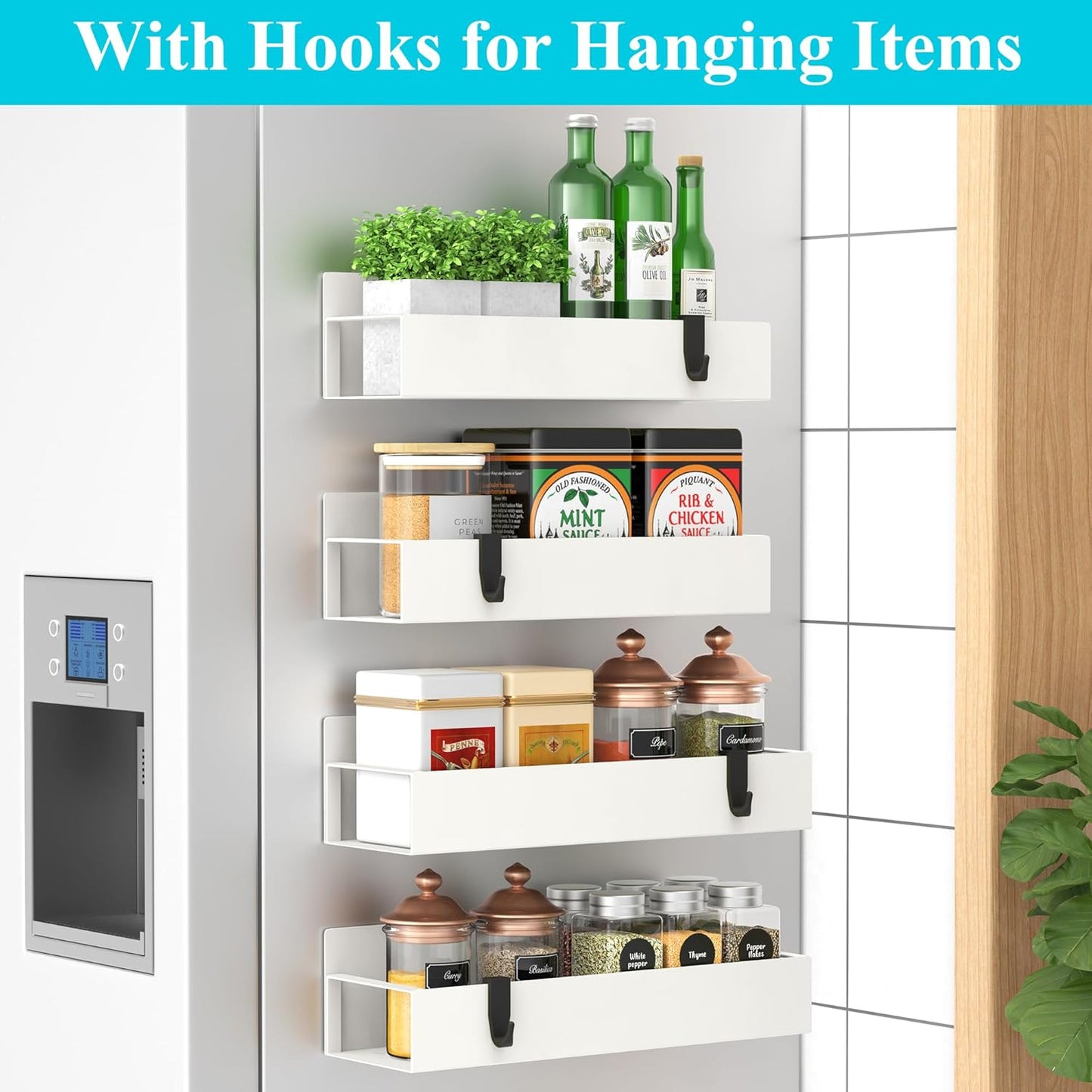 HuggieGems Metal 4 Pack Magnetic Spice Storage Rack Organizer for Refrigerator and Oven, Black Fridge Organizers and Storage, Metal