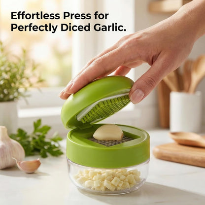 1 Set, 3-in-1 Stainless Steel Garlic Press and Mincer Set with Silicone Peeler, Cleaning Brush, and Storage Container, Multi-Purpose Food Chopper for Easy Garlic Preparation