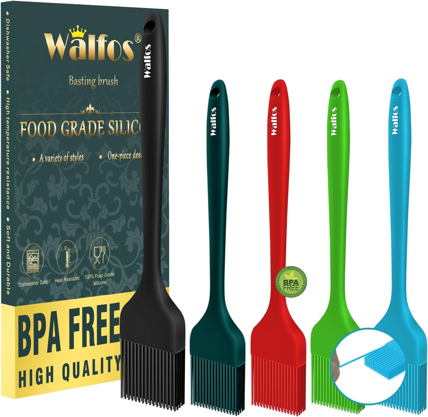 Walfos 600°F Heat Resistant Silicone Basting Brushes BPA Free Pastry Brush, Spread Oil Butter Sauce for BBQ Grill Baking Kitchen Cooking, Dishwasher Safe (2 SIZE)
