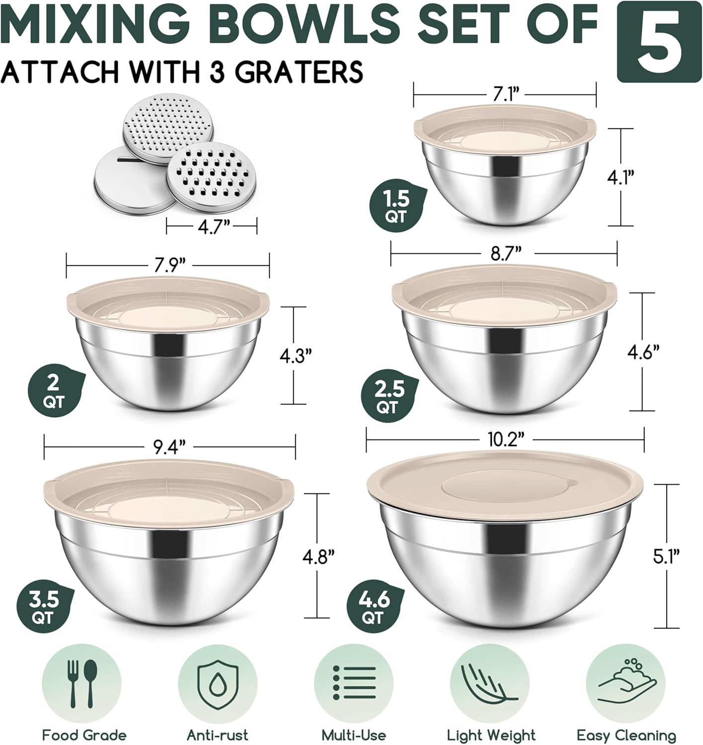 Herogo 5-Piece Mixing Bowls with Airtight Clear Lids, 3 Grater Attachments, Stainless Steel Salad Bowls for Kitchen, Size 4.6, 3.5, 2.5, 2, 1.5QT Ideal for Baking, Prepping and Serving, Khaki