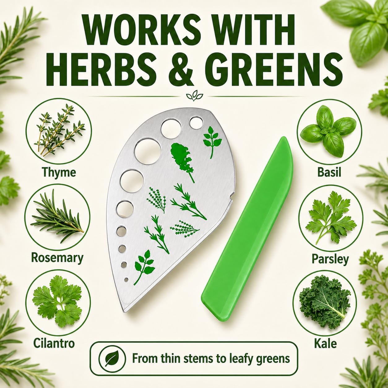 Stainless Steel Herb Stripper, 9-Hole Leaf Remover Tool for Kale, Thyme & Rosemary, Graduated Herb Stripping Tool with Protective Cover for Kitchen, Durable Metal Gadget for Greens