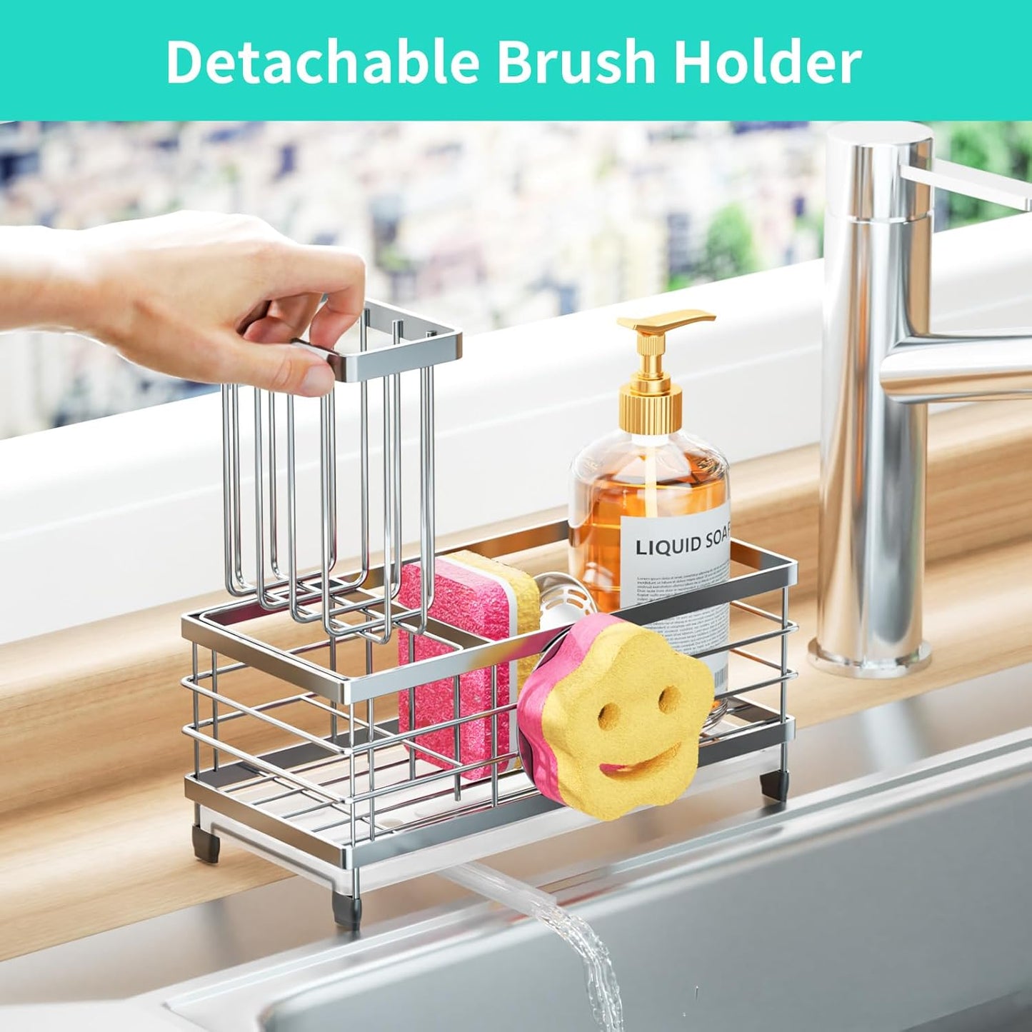HapiRm Sponge Holder for Kitchen Sink - Self-draining Sink Caddy with Brush and Dishcloth Holders, Stainless Steel Kitchen Countertop Organizers and Storage Essentials - Black