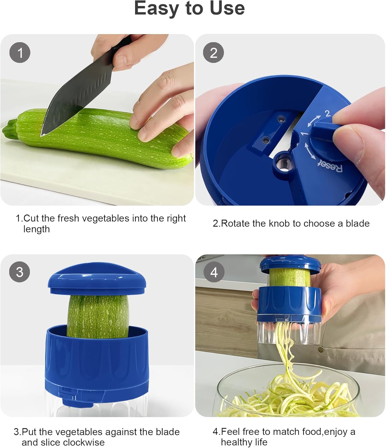 LHS Vegetable Spiralizer 3-in-1, Zucchini Spiralizer Noodle Maker, Adjustable Food-Grade Stainless Steel Blade, Zoodle Maker for Zucchini, Cucumber, Carrot, Veggie Pasta, Low-Carb Meals (Blue)