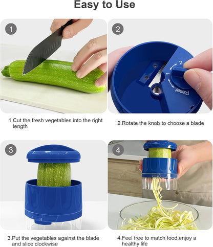 LHS Vegetable Spiralizer 3-in-1, Zucchini Spiralizer Noodle Maker, Adjustable Food-Grade Stainless Steel Blade, Zoodle Maker for Zucchini, Cucumber, Carrot, Veggie Pasta, Low-Carb Meals (Blue)