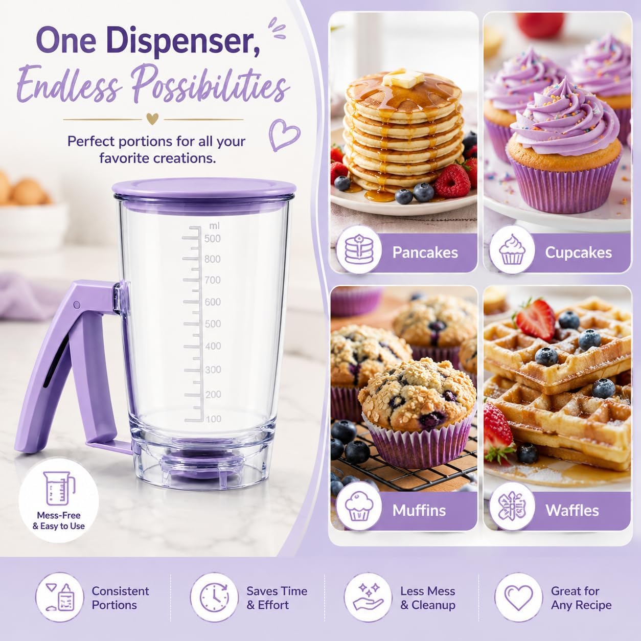 Pancake Batter Dispenser - Kitchen Must Have Tool for Perfect Pancakes, Cupcake, Waffle, Muffin Mix, Cake & Crepe - Baking Supplies for Griddle - Pancake Maker with Measuring Label (Purple)