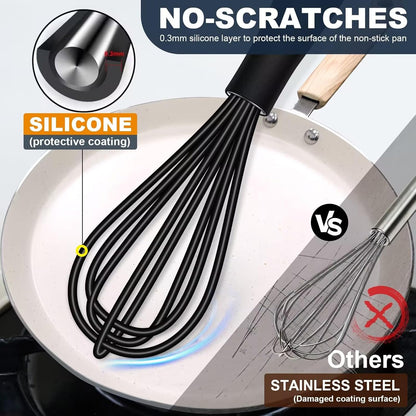 Whisks For Cooking - 500 °F Heat Resistant Silicone Whisk, Heavy Duty 7",9"&11inch Non-Scratch Balloon Kitchen Wisk tool Set, for cooking Wisking, Blending, Beating, Stirring, 3 Piece Black